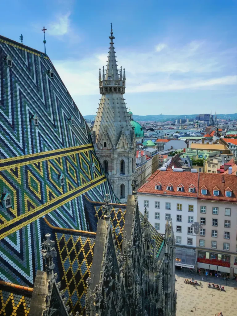 Colorful rooftops of Vienna seen from St. Stephen’s Cathedral tower.